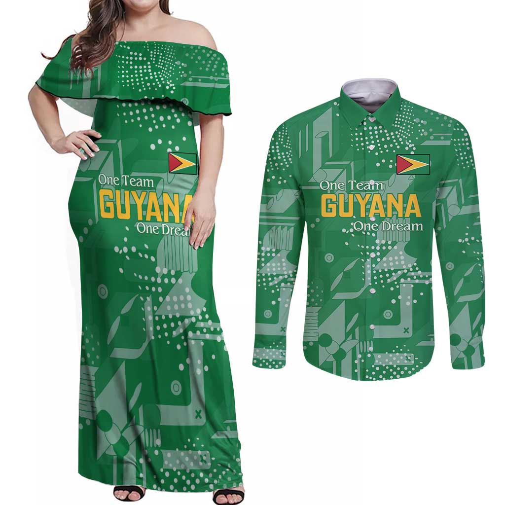 Custom Guyana Football Couples Matching Off Shoulder Maxi Dress and Long Sleeve Button Shirt One Team One Game Green Version - Wonder Print Shop