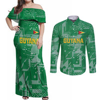 Custom Guyana Football Couples Matching Off Shoulder Maxi Dress and Long Sleeve Button Shirt One Team One Game Green Version - Wonder Print Shop