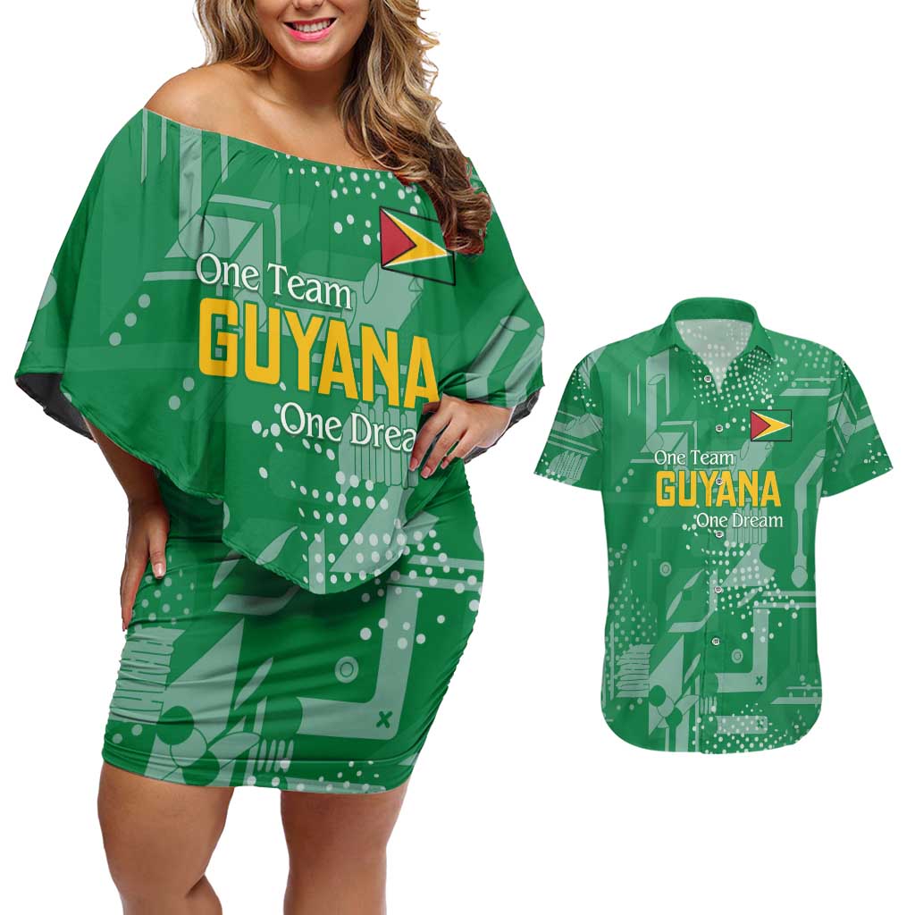 Custom Guyana Football Couples Matching Off Shoulder Short Dress and Hawaiian Shirt One Team One Game Green Version - Wonder Print Shop