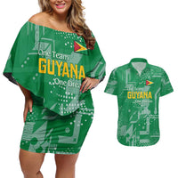 Custom Guyana Football Couples Matching Off Shoulder Short Dress and Hawaiian Shirt One Team One Game Green Version - Wonder Print Shop