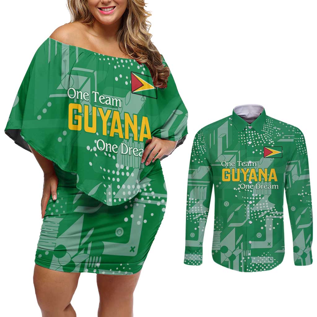 Custom Guyana Football Couples Matching Off Shoulder Short Dress and Long Sleeve Button Shirt One Team One Game Green Version - Wonder Print Shop