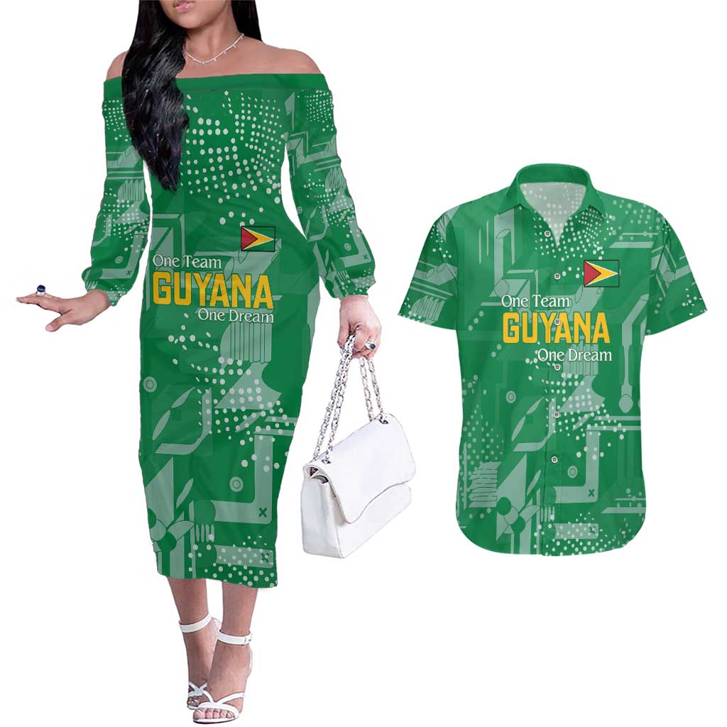 Custom Guyana Football Couples Matching Off The Shoulder Long Sleeve Dress and Hawaiian Shirt One Team One Game Green Version - Wonder Print Shop