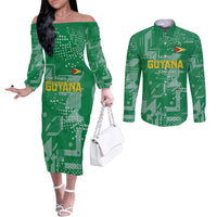 Custom Guyana Football Couples Matching Off The Shoulder Long Sleeve Dress and Long Sleeve Button Shirt One Team One Game Green Version - Wonder Print Shop