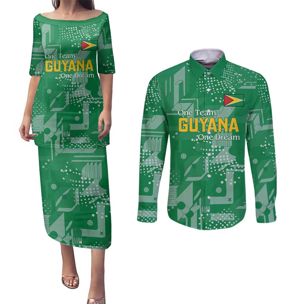 Custom Guyana Football Couples Matching Puletasi and Long Sleeve Button Shirt One Team One Game Green Version - Wonder Print Shop