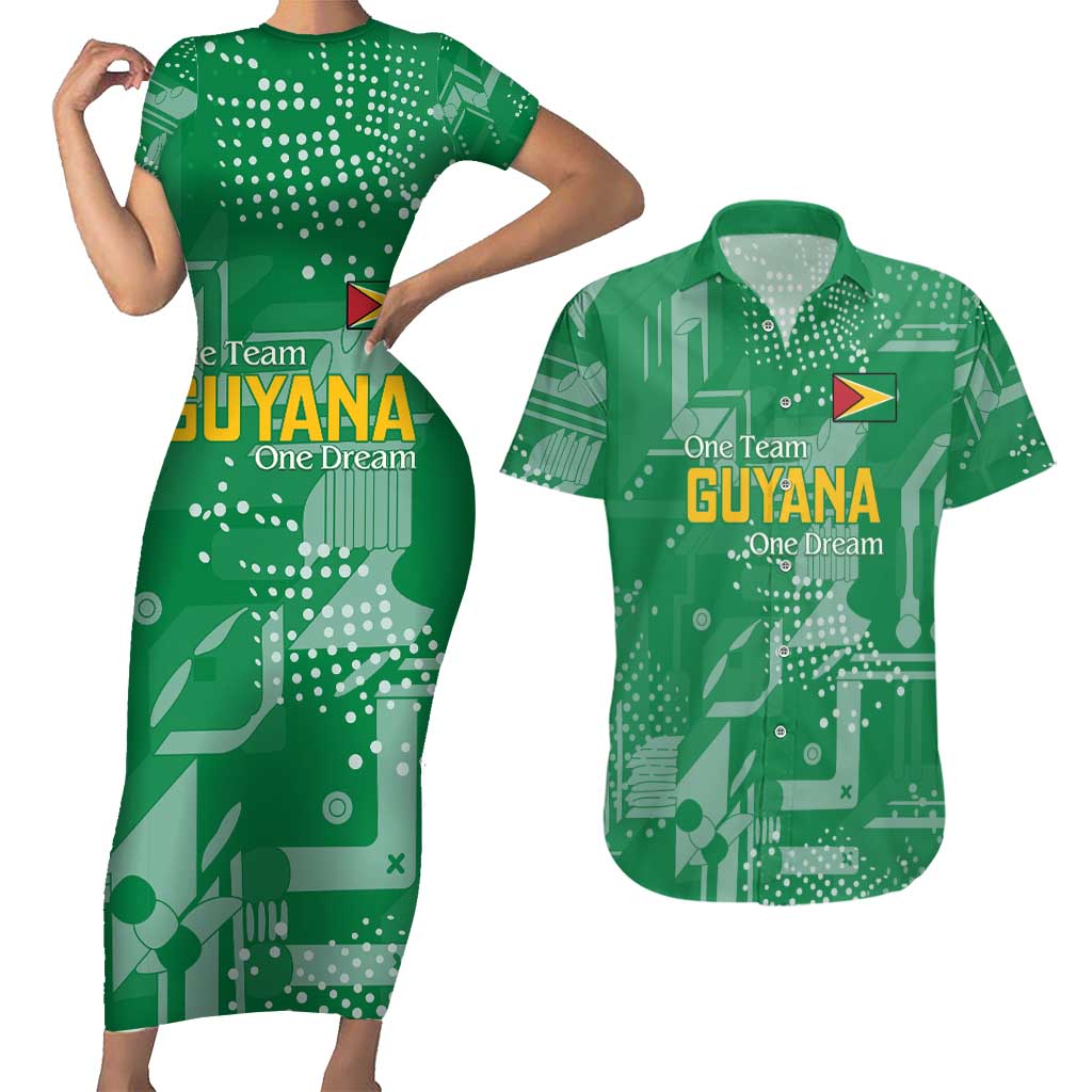 Custom Guyana Football Couples Matching Short Sleeve Bodycon Dress and Hawaiian Shirt One Team One Game Green Version - Wonder Print Shop