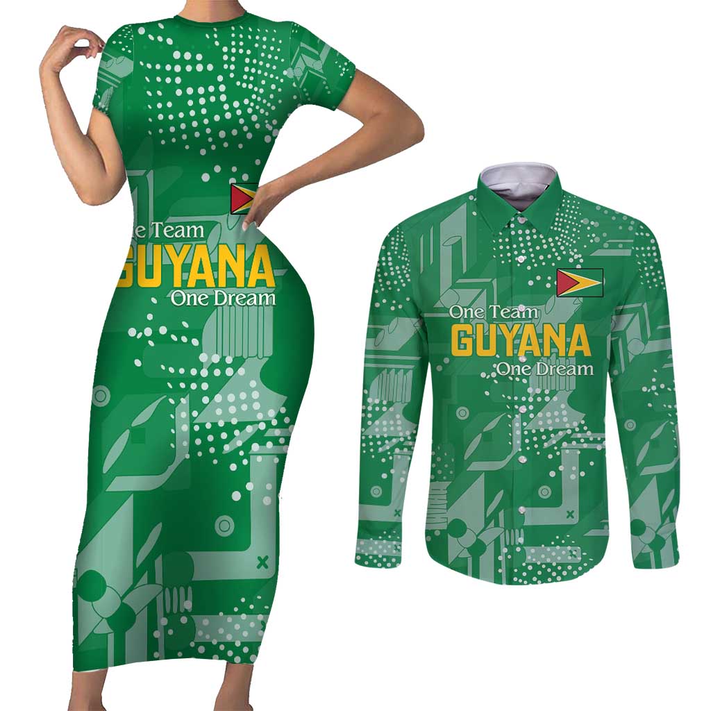 Custom Guyana Football Couples Matching Short Sleeve Bodycon Dress and Long Sleeve Button Shirt One Team One Game Green Version - Wonder Print Shop