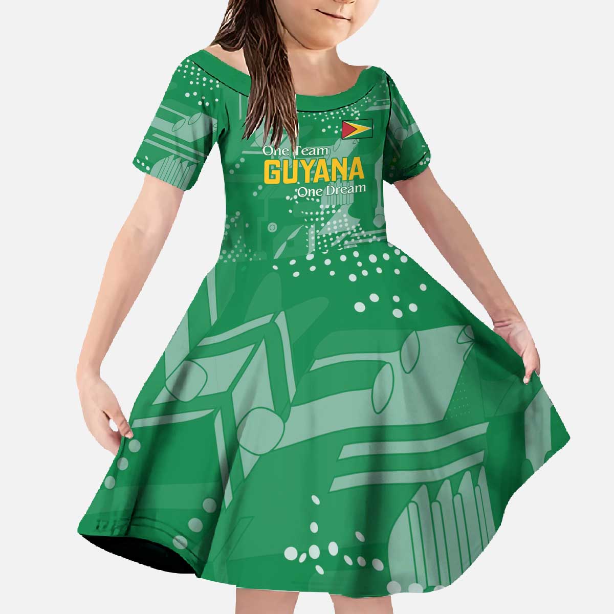 Custom Guyana Football Family Matching Off The Shoulder Long Sleeve Dress and Hawaiian Shirt One Team One Game Green Version - Wonder Print Shop