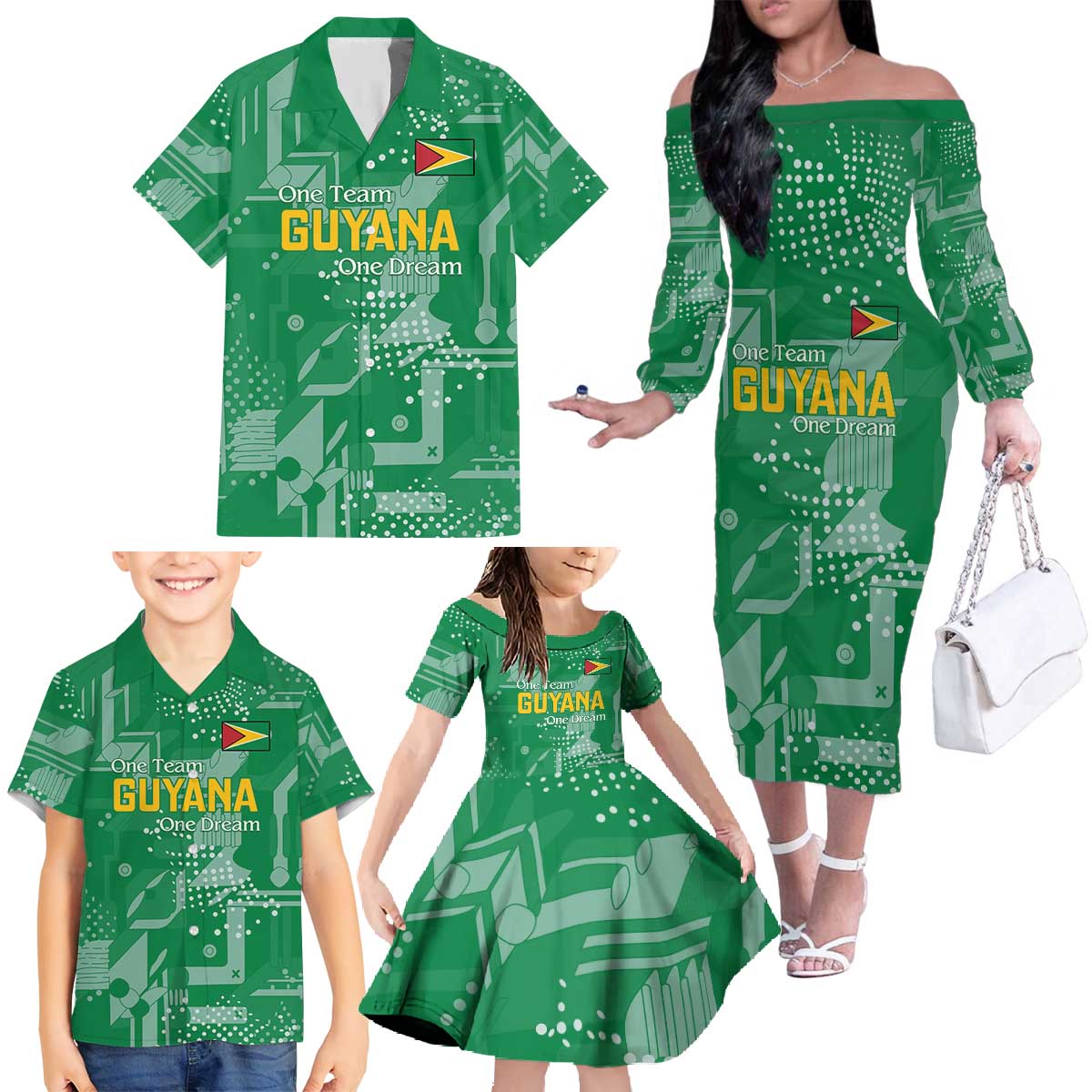 Custom Guyana Football Family Matching Off The Shoulder Long Sleeve Dress and Hawaiian Shirt One Team One Game Green Version - Wonder Print Shop