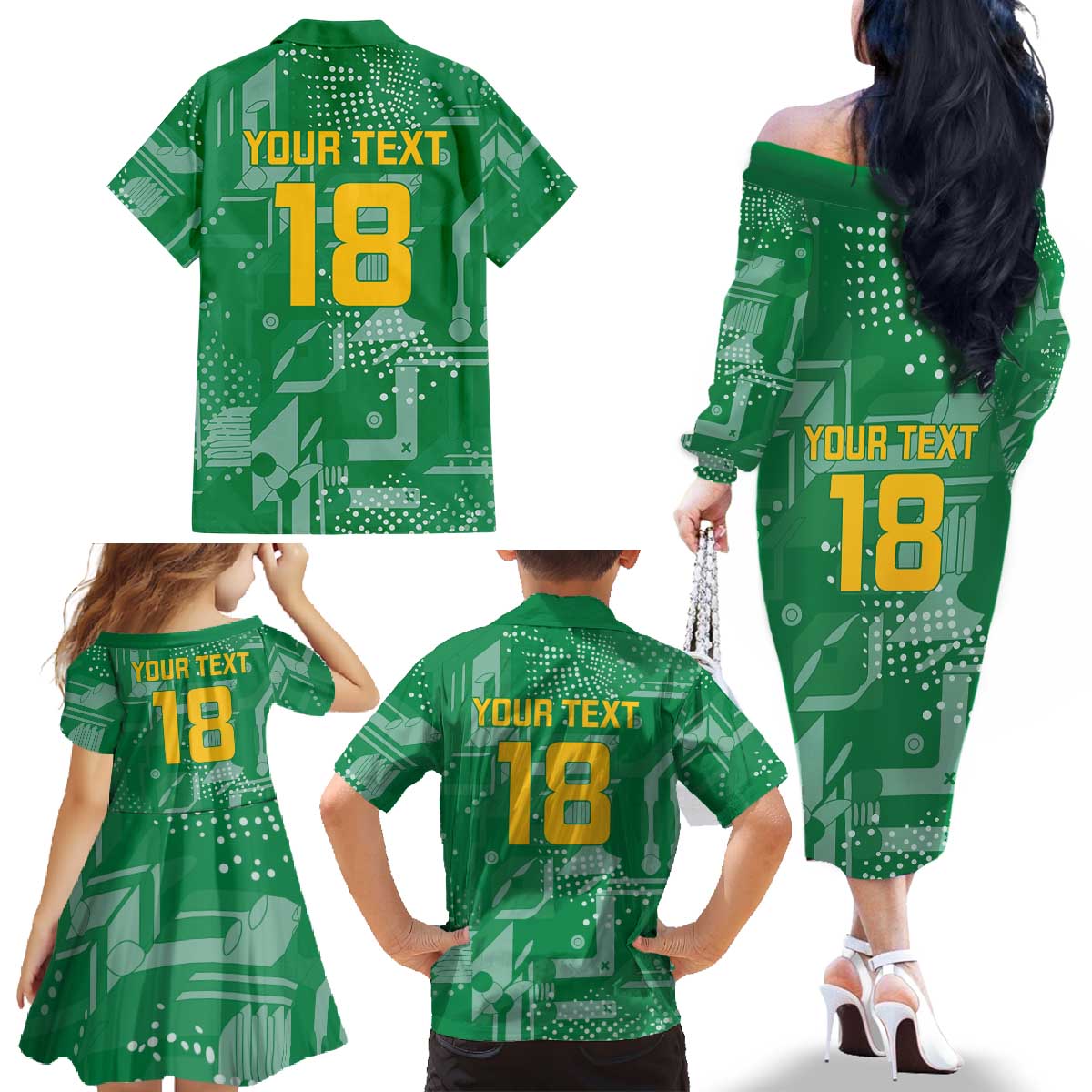 Custom Guyana Football Family Matching Off The Shoulder Long Sleeve Dress and Hawaiian Shirt One Team One Game Green Version - Wonder Print Shop