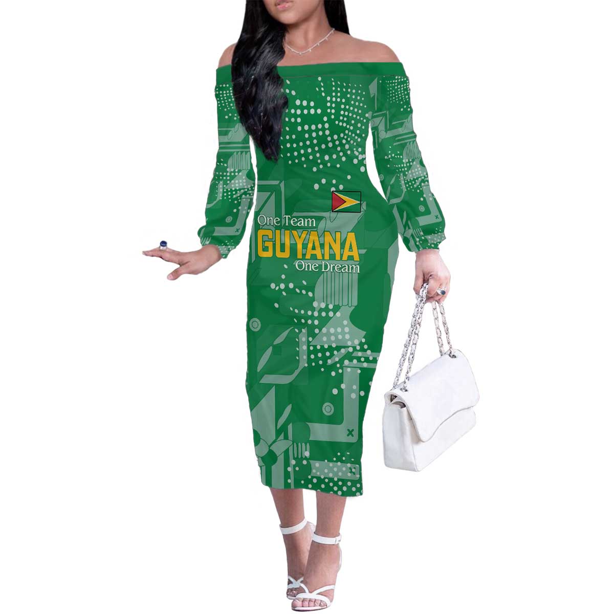 Custom Guyana Football Family Matching Off The Shoulder Long Sleeve Dress and Hawaiian Shirt One Team One Game Green Version - Wonder Print Shop
