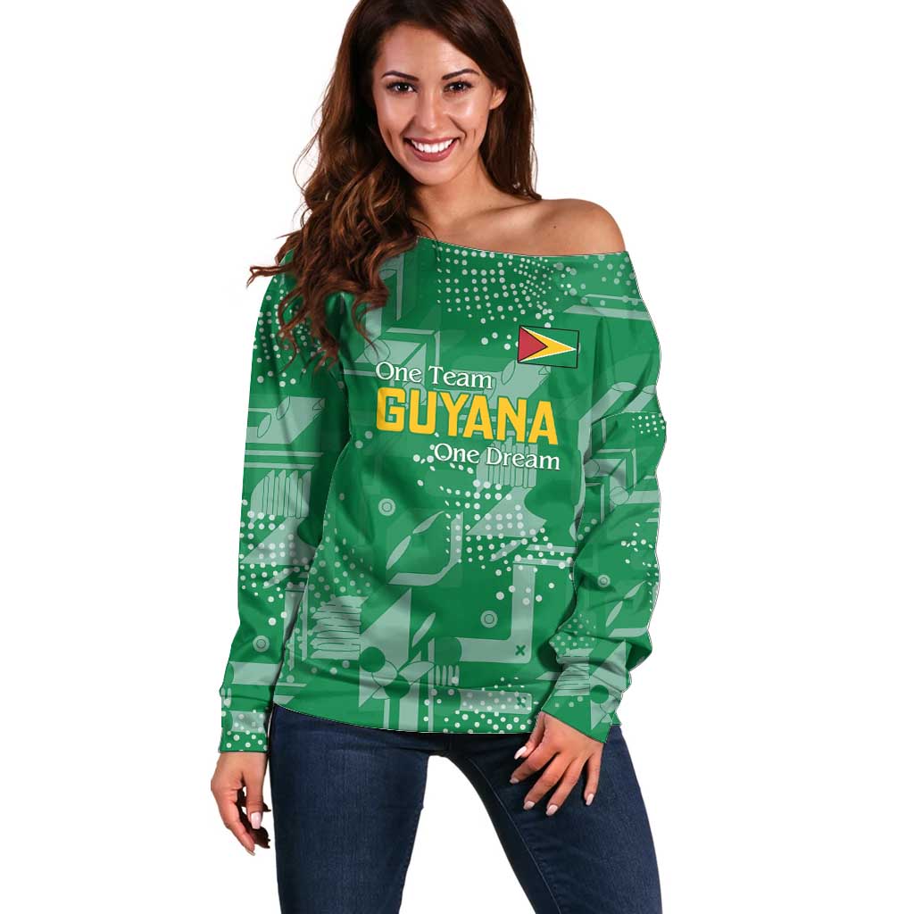 Custom Guyana Football Off Shoulder Sweater One Team One Game Green Version - Wonder Print Shop
