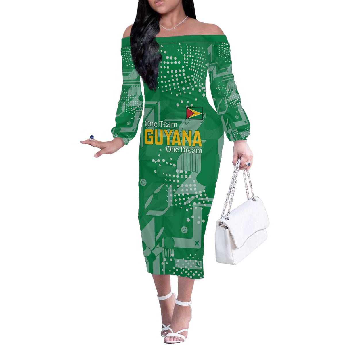 Custom Guyana Football Off The Shoulder Long Sleeve Dress One Team One Game Green Version - Wonder Print Shop