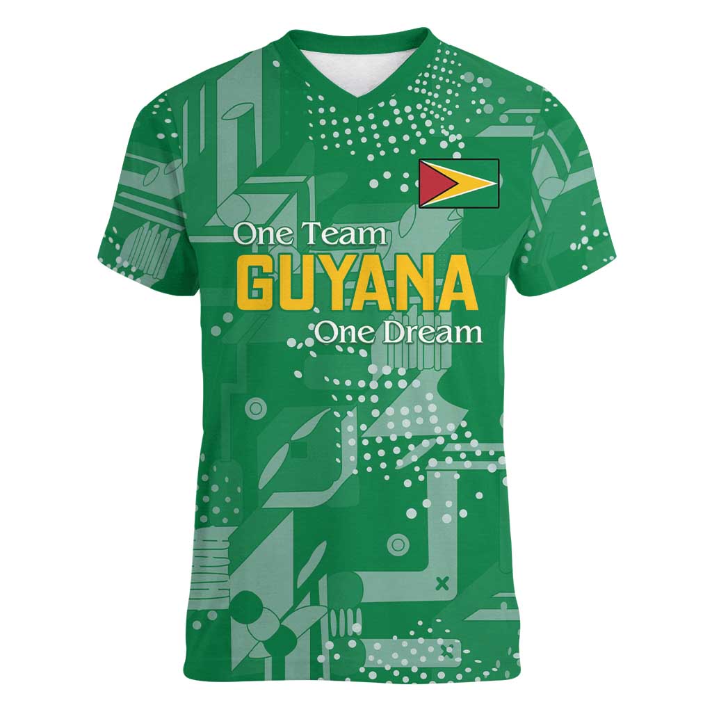 Custom Guyana Football Women V-Neck T-Shirt One Team One Game Green Version - Wonder Print Shop