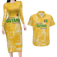 Custom Guyana Football Couples Matching Long Sleeve Bodycon Dress and Hawaiian Shirt One Team One Game Yellow Version - Wonder Print Shop