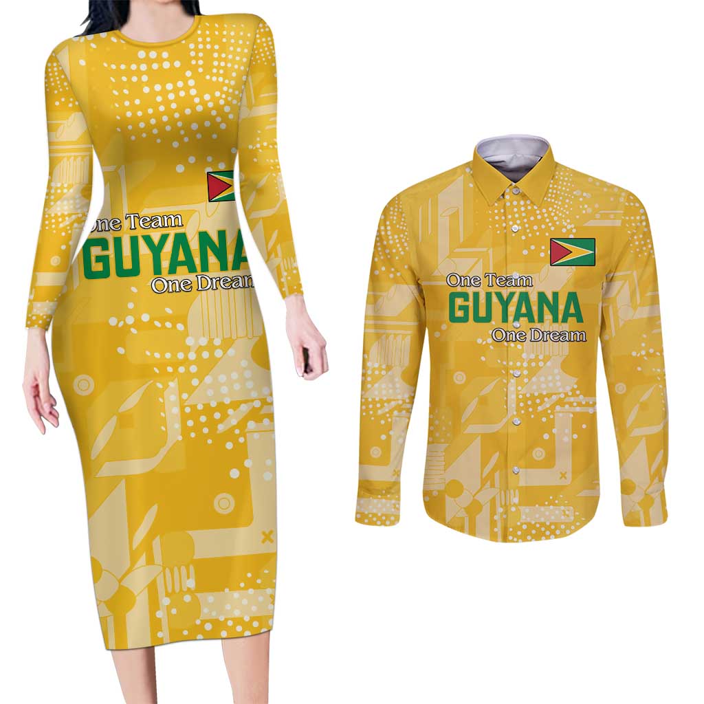 Custom Guyana Football Couples Matching Long Sleeve Bodycon Dress and Long Sleeve Button Shirt One Team One Game Yellow Version - Wonder Print Shop
