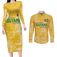 Custom Guyana Football Couples Matching Long Sleeve Bodycon Dress and Long Sleeve Button Shirt One Team One Game Yellow Version - Wonder Print Shop