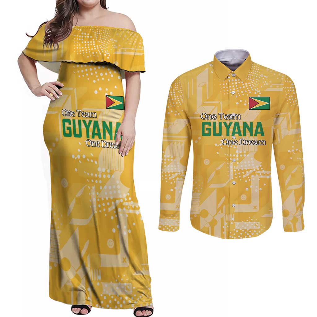 Custom Guyana Football Couples Matching Off Shoulder Maxi Dress and Long Sleeve Button Shirt One Team One Game Yellow Version - Wonder Print Shop