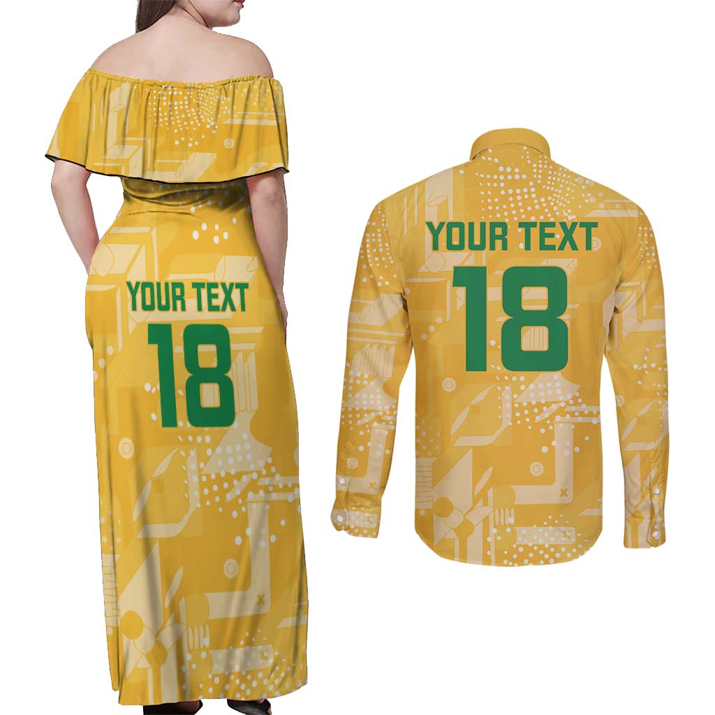 Custom Guyana Football Couples Matching Off Shoulder Maxi Dress and Long Sleeve Button Shirt One Team One Game Yellow Version - Wonder Print Shop