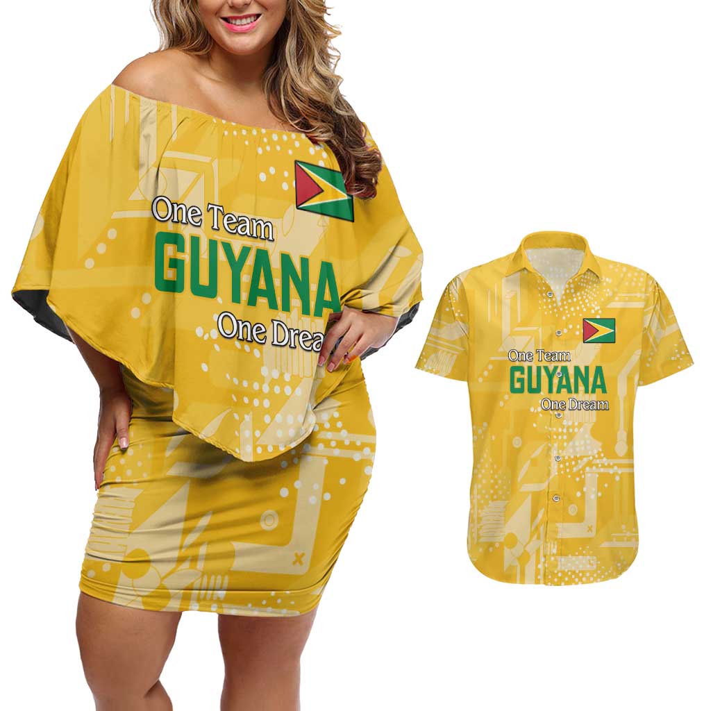 Custom Guyana Football Couples Matching Off Shoulder Short Dress and Hawaiian Shirt One Team One Game Yellow Version - Wonder Print Shop