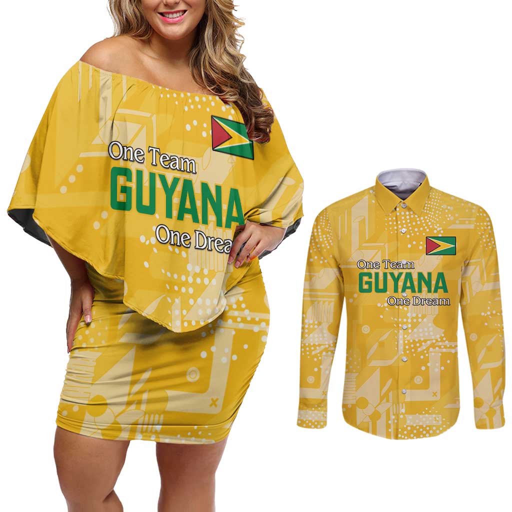 Custom Guyana Football Couples Matching Off Shoulder Short Dress and Long Sleeve Button Shirt One Team One Game Yellow Version - Wonder Print Shop