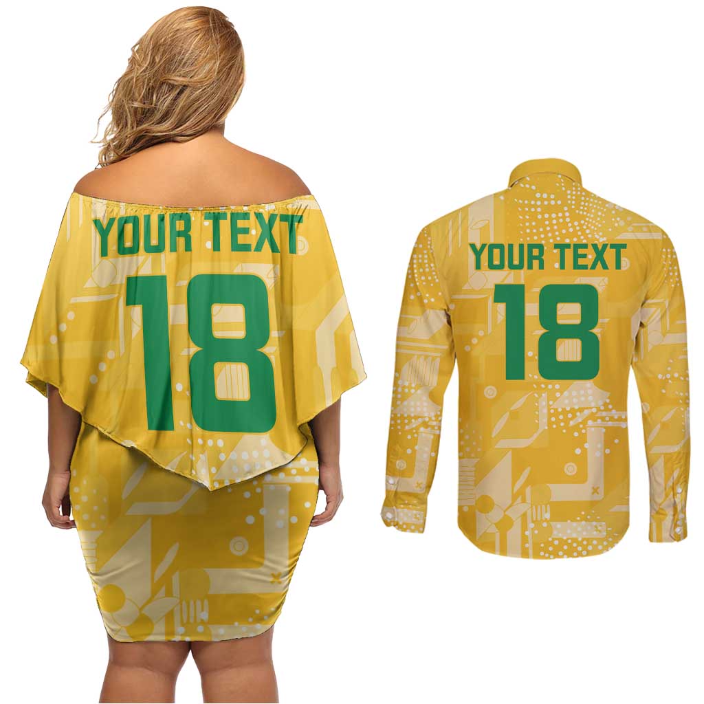 Custom Guyana Football Couples Matching Off Shoulder Short Dress and Long Sleeve Button Shirt One Team One Game Yellow Version - Wonder Print Shop