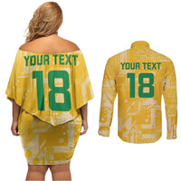 Custom Guyana Football Couples Matching Off Shoulder Short Dress and Long Sleeve Button Shirt One Team One Game Yellow Version - Wonder Print Shop