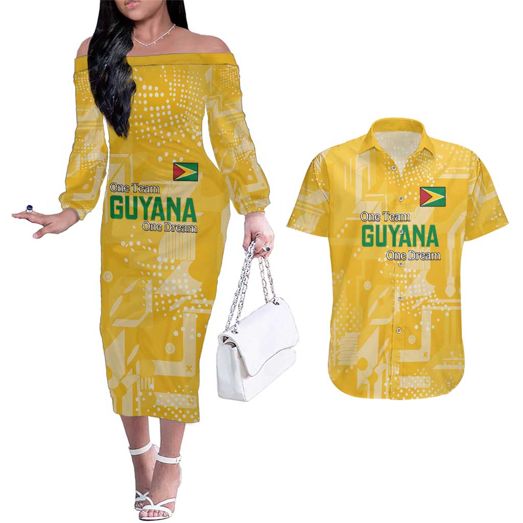 Custom Guyana Football Couples Matching Off The Shoulder Long Sleeve Dress and Hawaiian Shirt One Team One Game Yellow Version - Wonder Print Shop