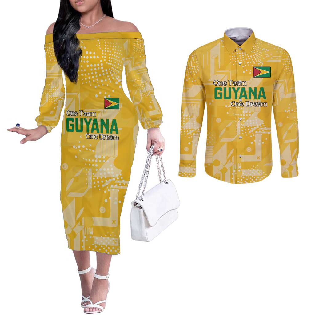 Custom Guyana Football Couples Matching Off The Shoulder Long Sleeve Dress and Long Sleeve Button Shirt One Team One Game Yellow Version - Wonder Print Shop