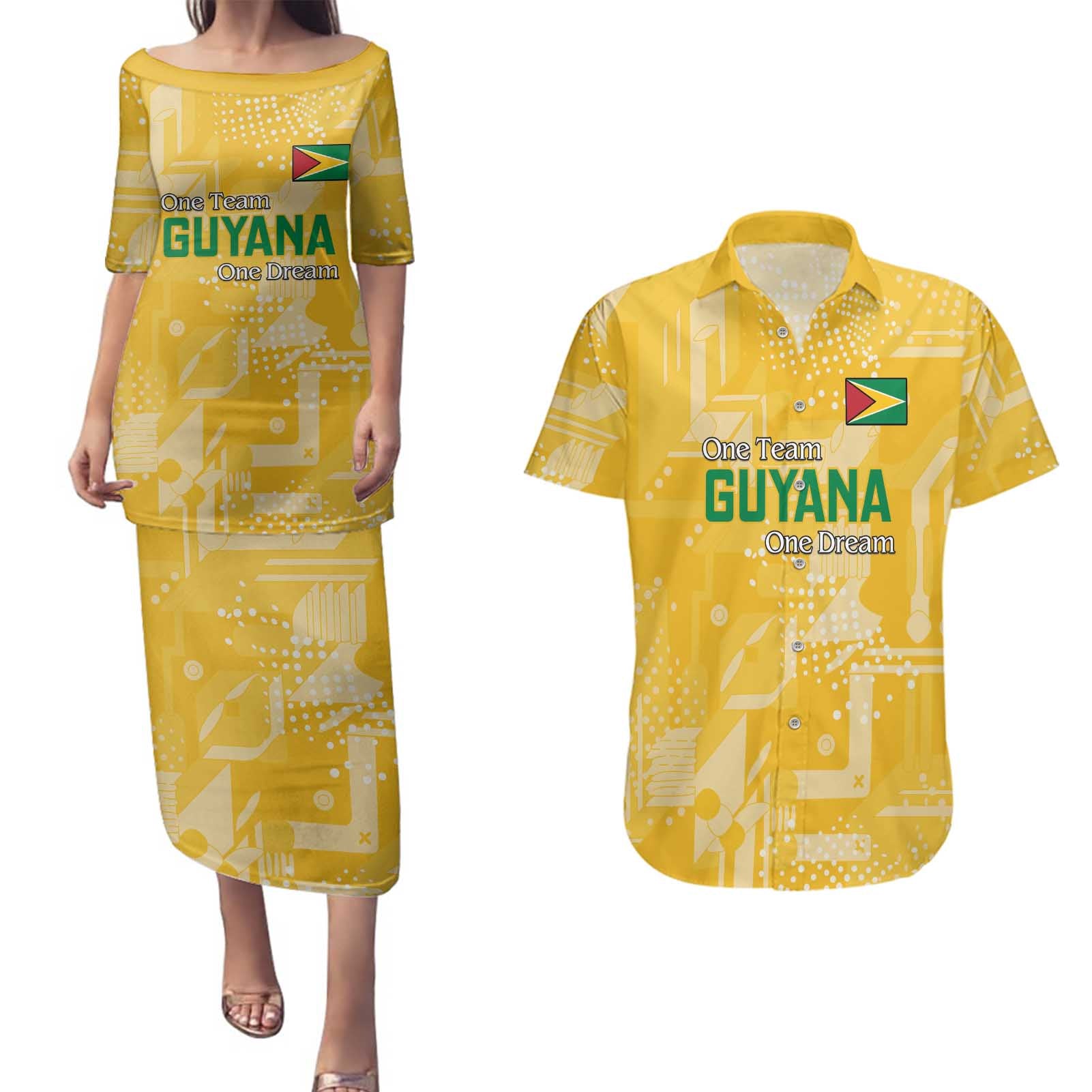 Custom Guyana Football Couples Matching Puletasi and Hawaiian Shirt One Team One Game Yellow Version - Wonder Print Shop