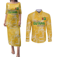 Custom Guyana Football Couples Matching Puletasi and Long Sleeve Button Shirt One Team One Game Yellow Version - Wonder Print Shop