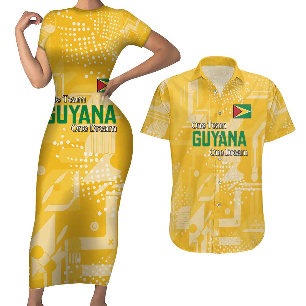 Custom Guyana Football Couples Matching Short Sleeve Bodycon Dress and Hawaiian Shirt One Team One Game Yellow Version - Wonder Print Shop