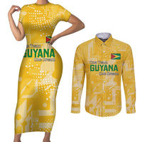 Custom Guyana Football Couples Matching Short Sleeve Bodycon Dress and Long Sleeve Button Shirt One Team One Game Yellow Version - Wonder Print Shop