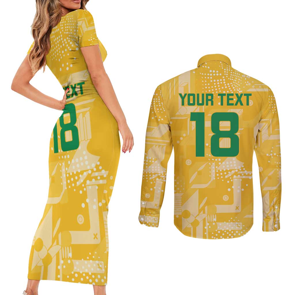 Custom Guyana Football Couples Matching Short Sleeve Bodycon Dress and Long Sleeve Button Shirt One Team One Game Yellow Version - Wonder Print Shop