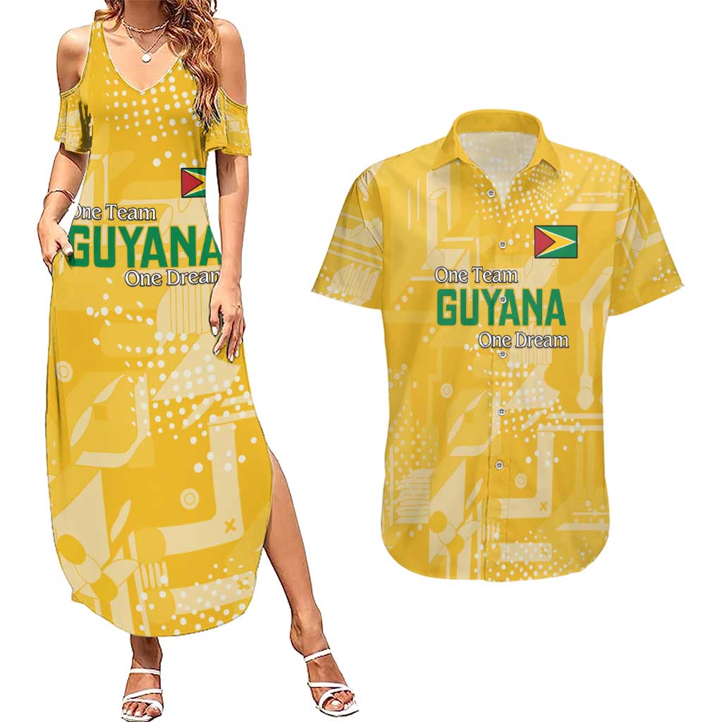 Custom Guyana Football Couples Matching Summer Maxi Dress and Hawaiian Shirt One Team One Game Yellow Version - Wonder Print Shop