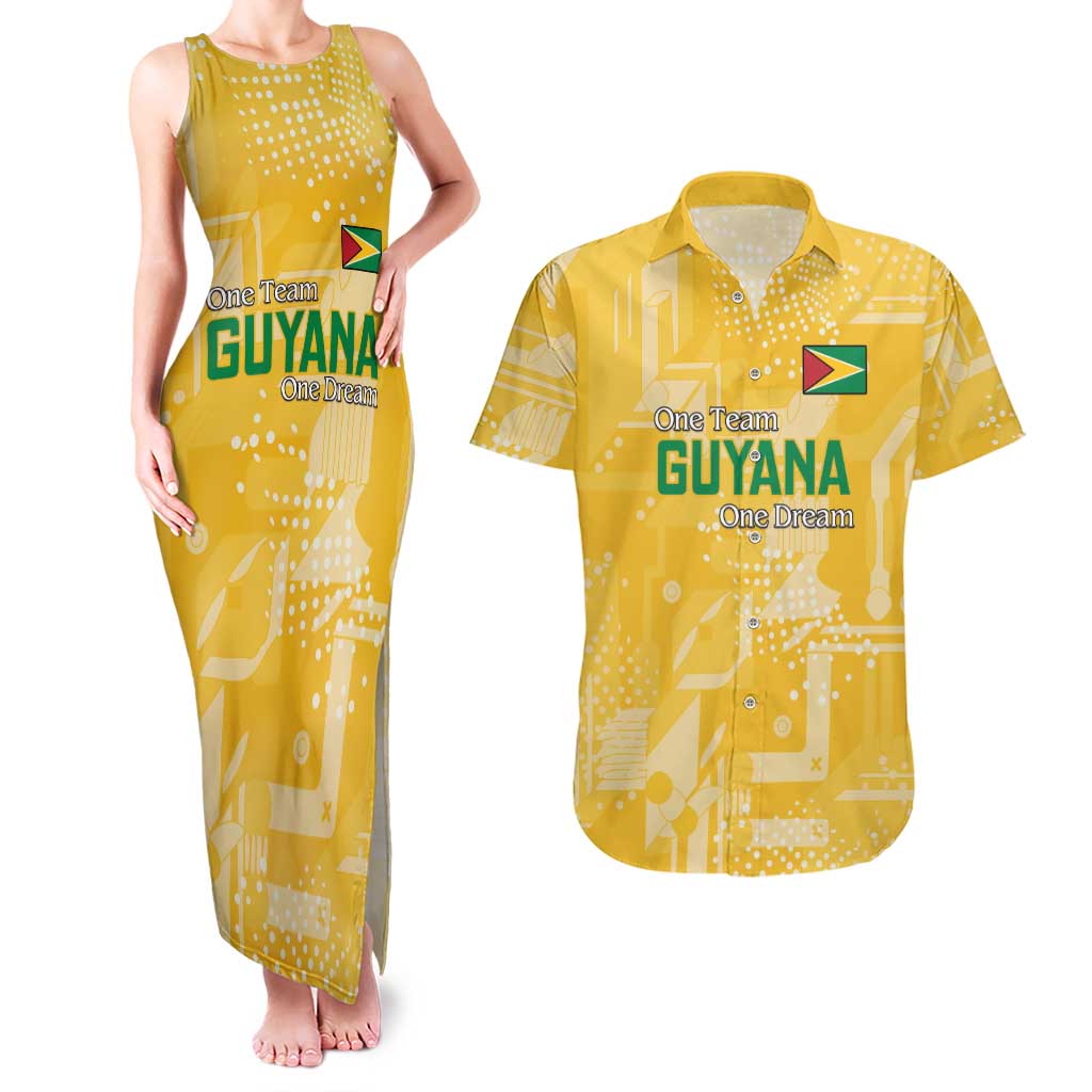 Custom Guyana Football Couples Matching Tank Maxi Dress and Hawaiian Shirt One Team One Game Yellow Version - Wonder Print Shop