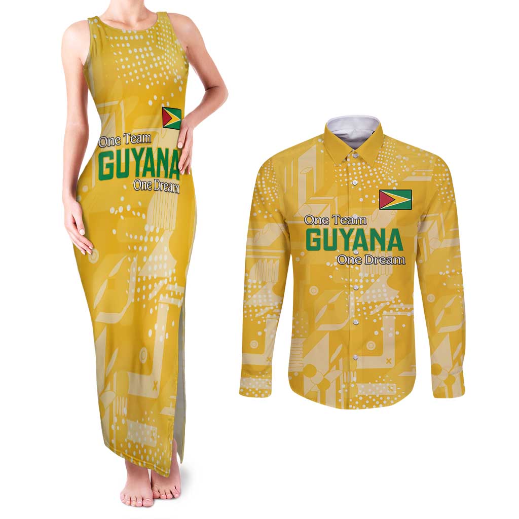 Custom Guyana Football Couples Matching Tank Maxi Dress and Long Sleeve Button Shirt One Team One Game Yellow Version - Wonder Print Shop