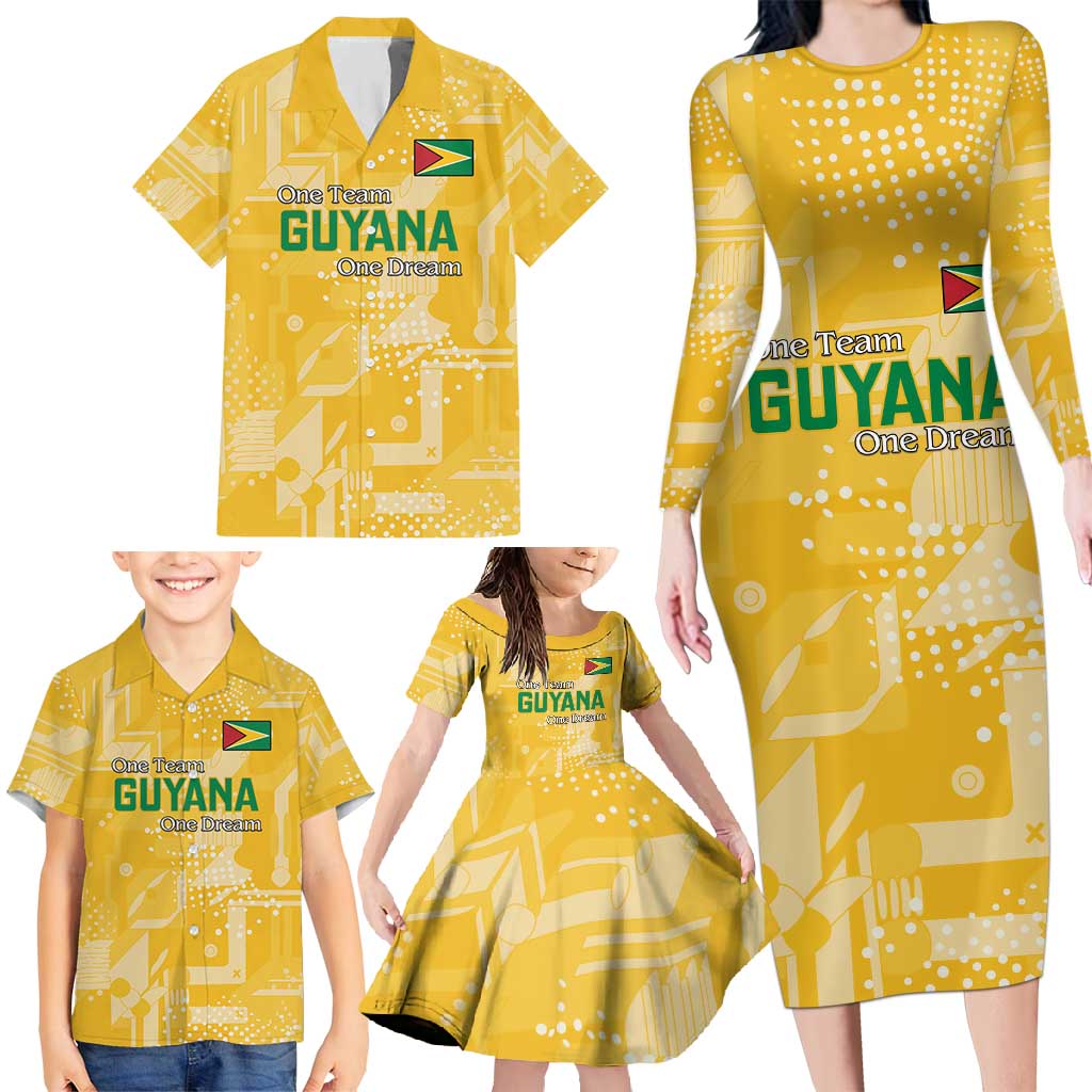 Custom Guyana Football Family Matching Long Sleeve Bodycon Dress and Hawaiian Shirt One Team One Game Yellow Version - Wonder Print Shop