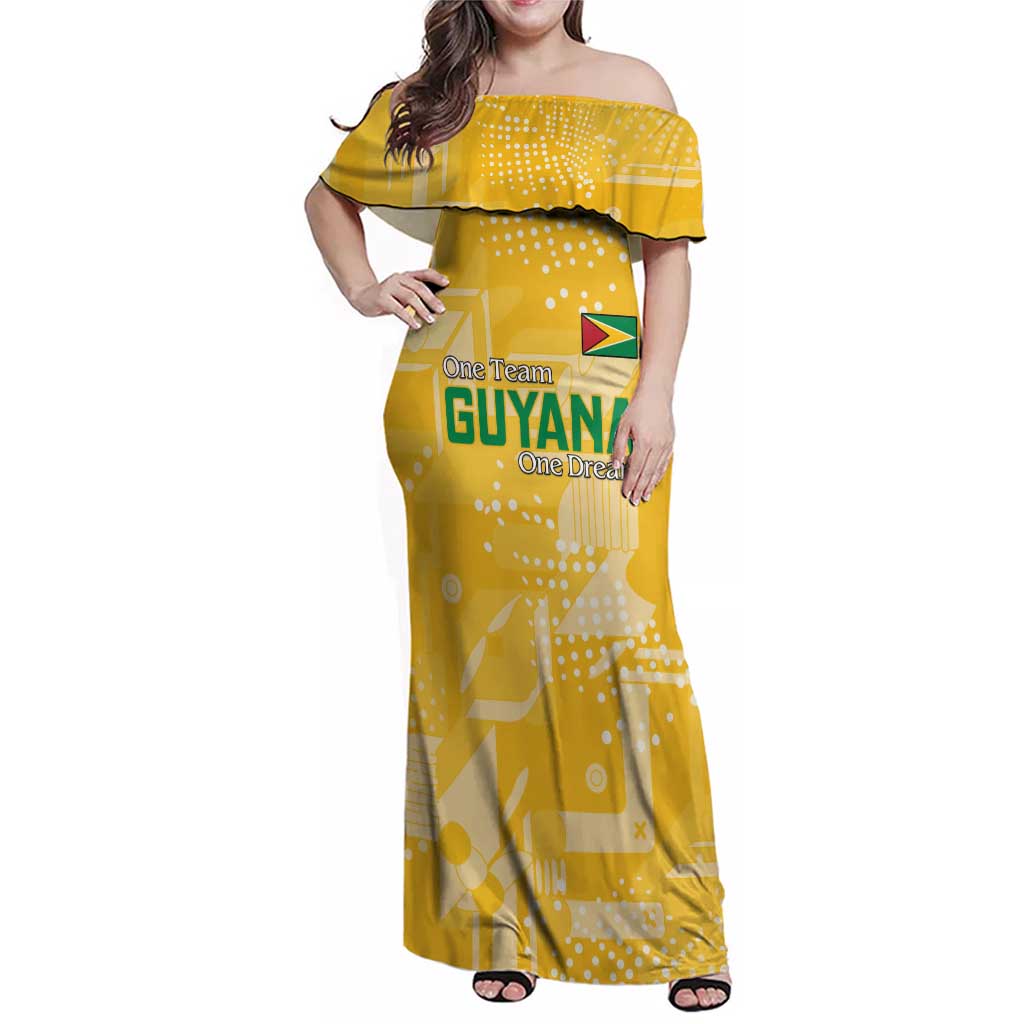 Custom Guyana Football Family Matching Off Shoulder Maxi Dress and Hawaiian Shirt One Team One Game Yellow Version - Wonder Print Shop