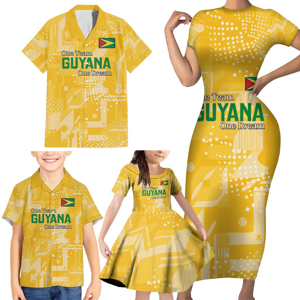 Custom Guyana Football Family Matching Short Sleeve Bodycon Dress and Hawaiian Shirt One Team One Game Yellow Version - Wonder Print Shop