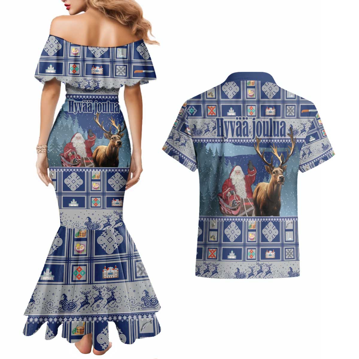 Finland Joulupukki Christmas Couples Matching Mermaid Dress and Hawaiian Shirt Mythology Hannunvaakuna - Wonder Print Shop