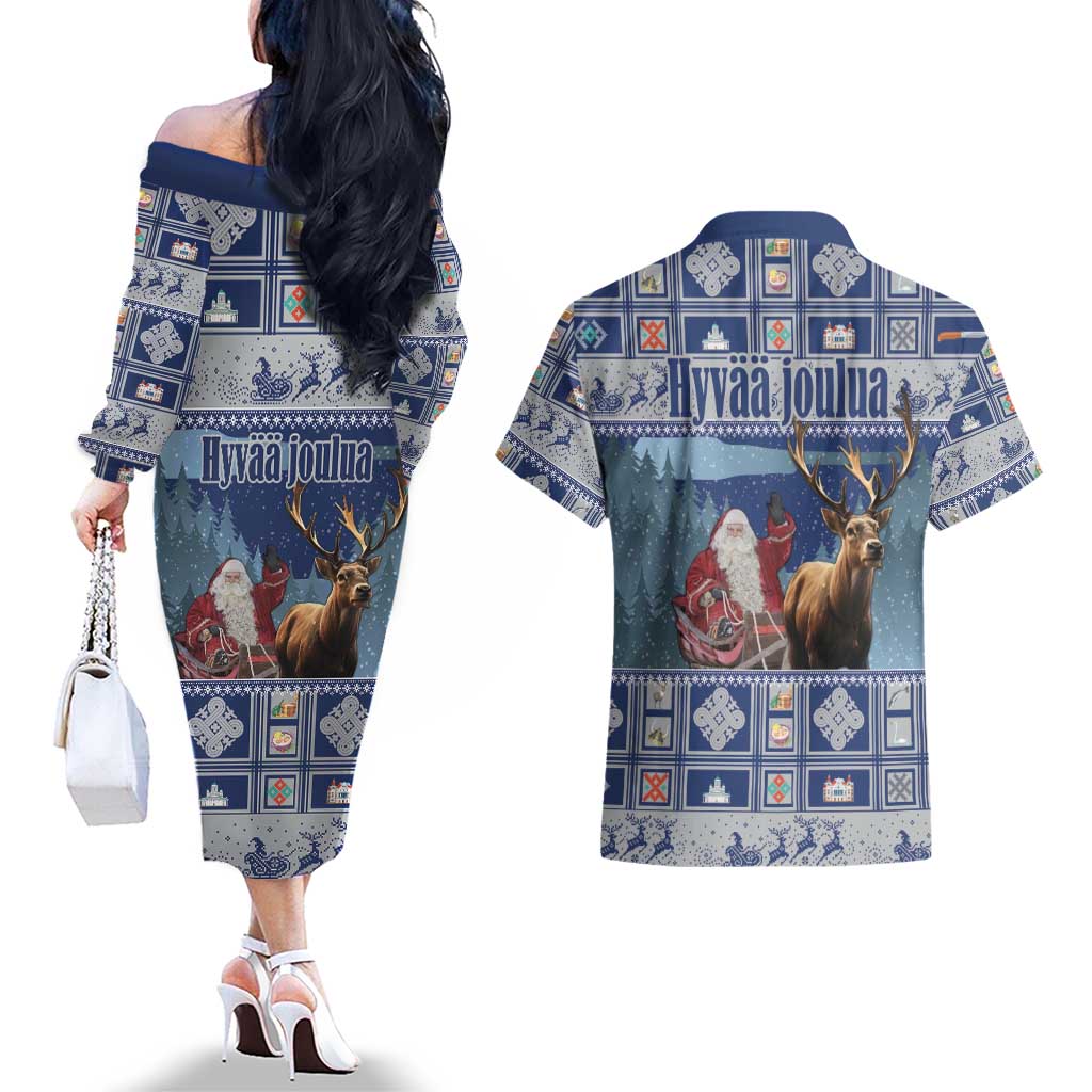 Finland Joulupukki Christmas Couples Matching Off The Shoulder Long Sleeve Dress and Hawaiian Shirt Mythology Hannunvaakuna - Wonder Print Shop