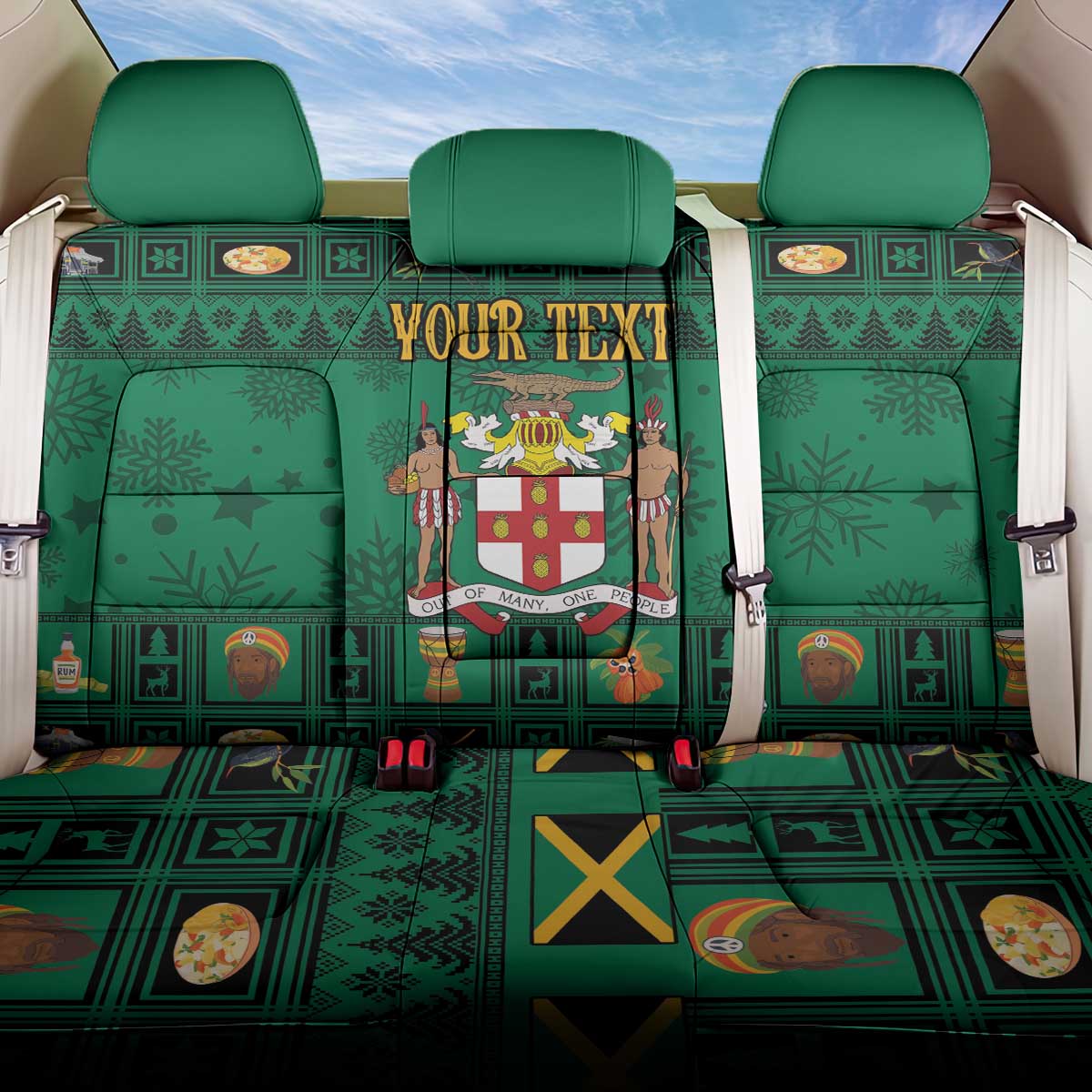 Personalized Jamaica Christmas Back Car Seat Cover Coat Of Arms - Merri Crissmuss - Wonder Print Shop
