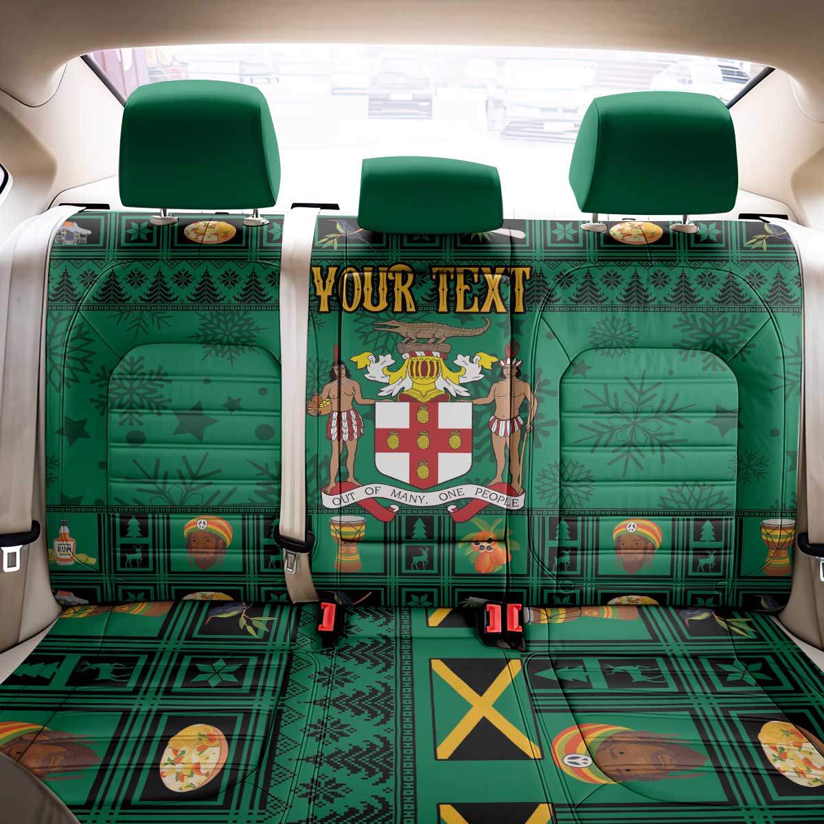 Personalized Jamaica Christmas Back Car Seat Cover Coat Of Arms - Merri Crissmuss - Wonder Print Shop