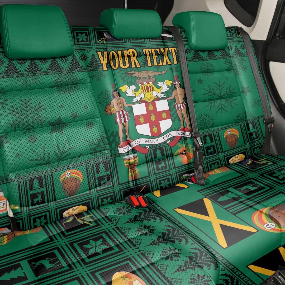 Personalized Jamaica Christmas Back Car Seat Cover Coat Of Arms - Merri Crissmuss - Wonder Print Shop