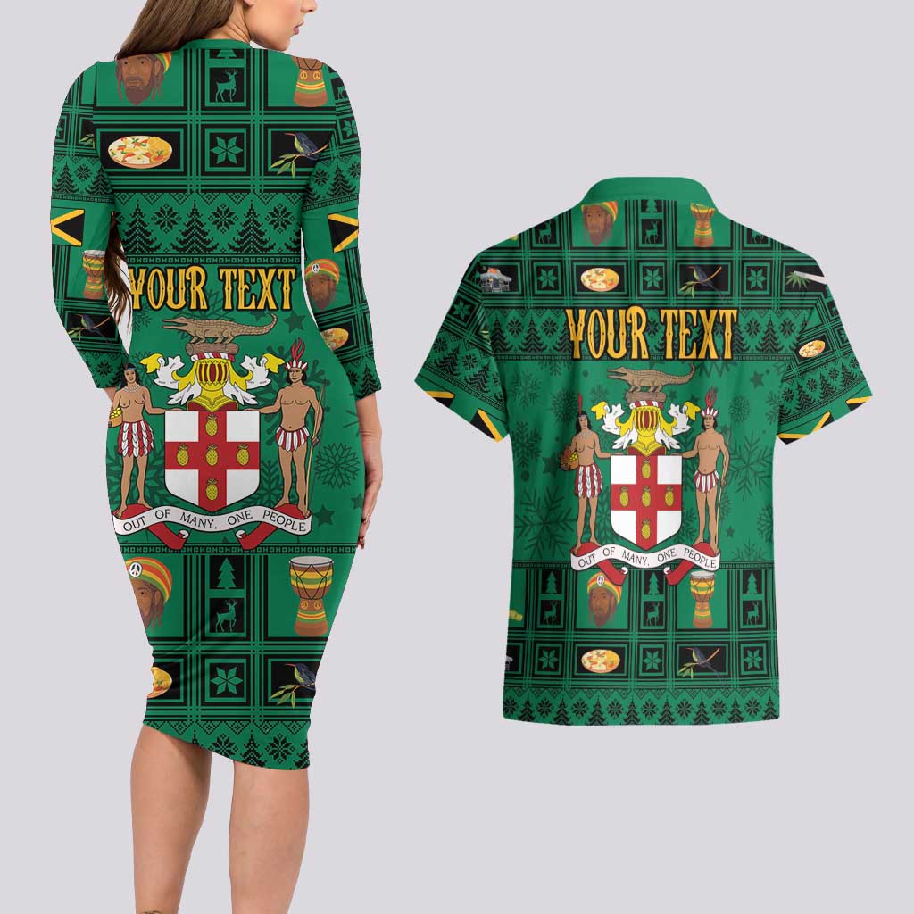 Personalized Jamaica Christmas Couples Matching Long Sleeve Bodycon Dress and Hawaiian Shirt Coat Of Arms - Merri Crissmuss - Wonder Print Shop