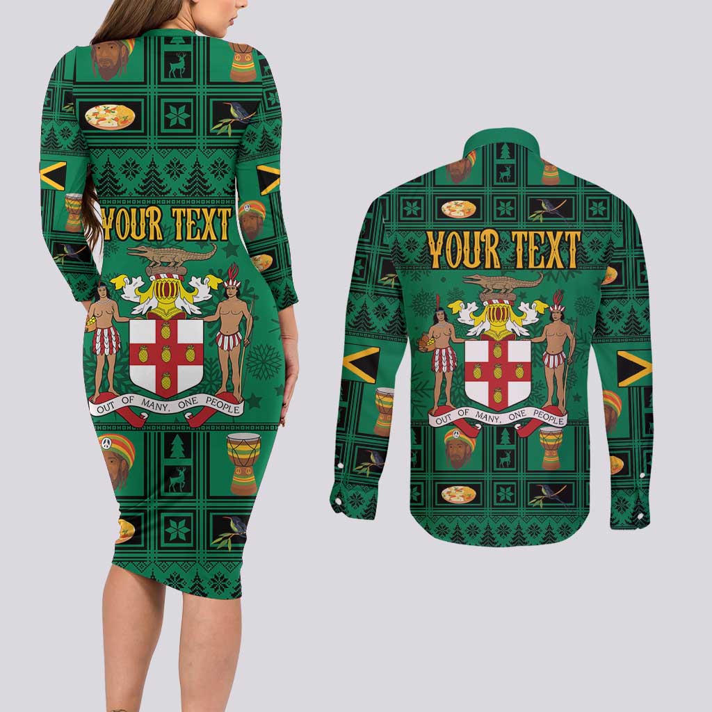 Personalized Jamaica Christmas Couples Matching Long Sleeve Bodycon Dress and Long Sleeve Button Shirt Coat Of Arms - Merri Crissmuss - Wonder Print Shop