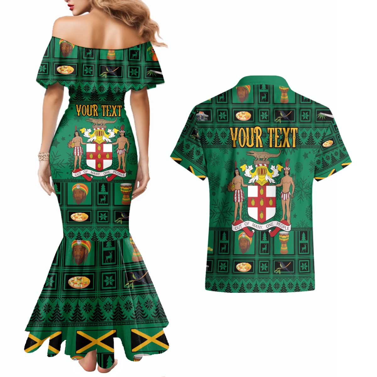 Personalized Jamaica Christmas Couples Matching Mermaid Dress and Hawaiian Shirt Coat Of Arms - Merri Crissmuss - Wonder Print Shop