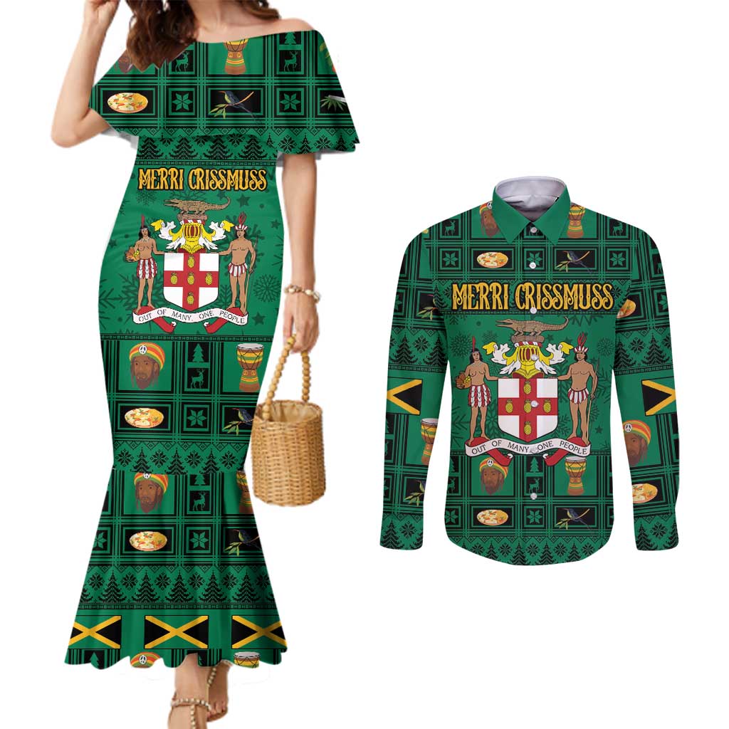 Personalized Jamaica Christmas Couples Matching Mermaid Dress and Long Sleeve Button Shirt Coat Of Arms - Merri Crissmuss