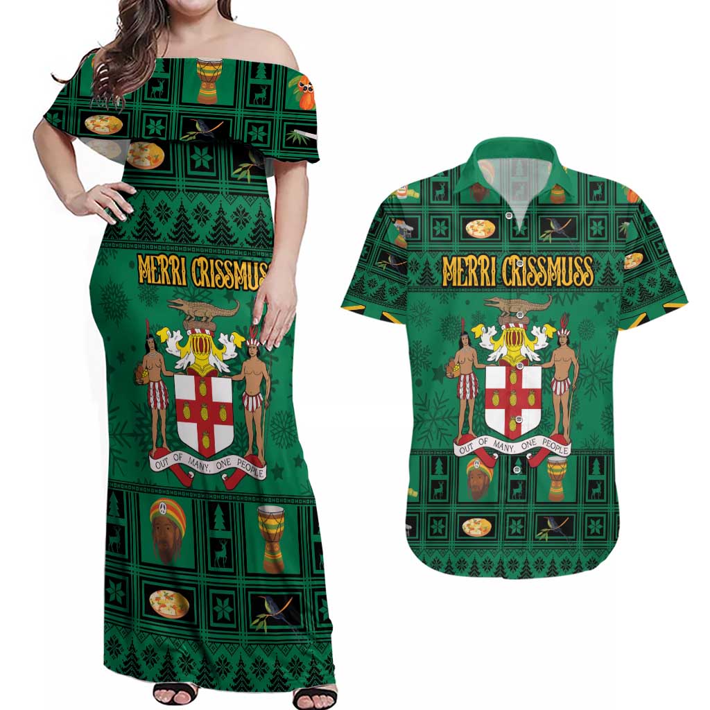 Personalized Jamaica Christmas Couples Matching Off Shoulder Maxi Dress and Hawaiian Shirt Coat Of Arms - Merri Crissmuss - Wonder Print Shop