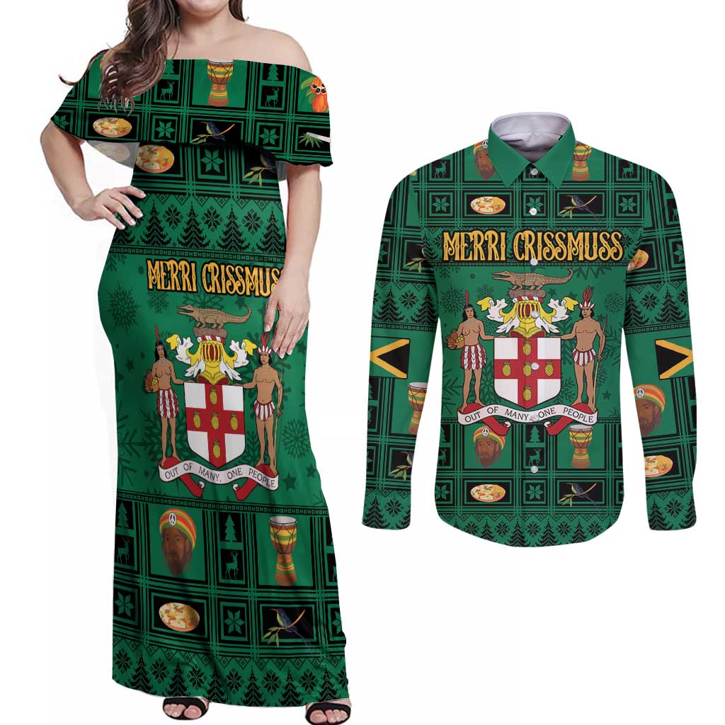 Personalized Jamaica Christmas Couples Matching Off Shoulder Maxi Dress and Long Sleeve Button Shirt Coat Of Arms - Merri Crissmuss - Wonder Print Shop